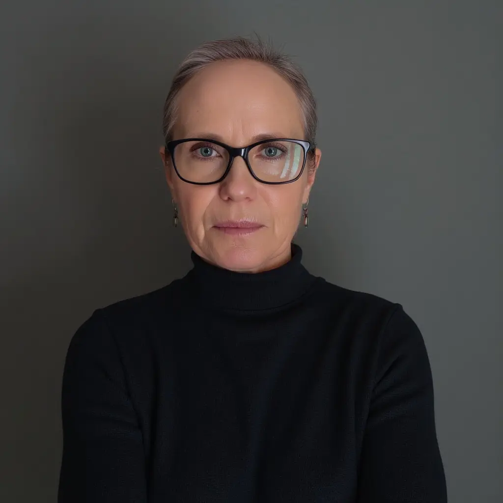 A woman in black shirt wearing glasses and standing.