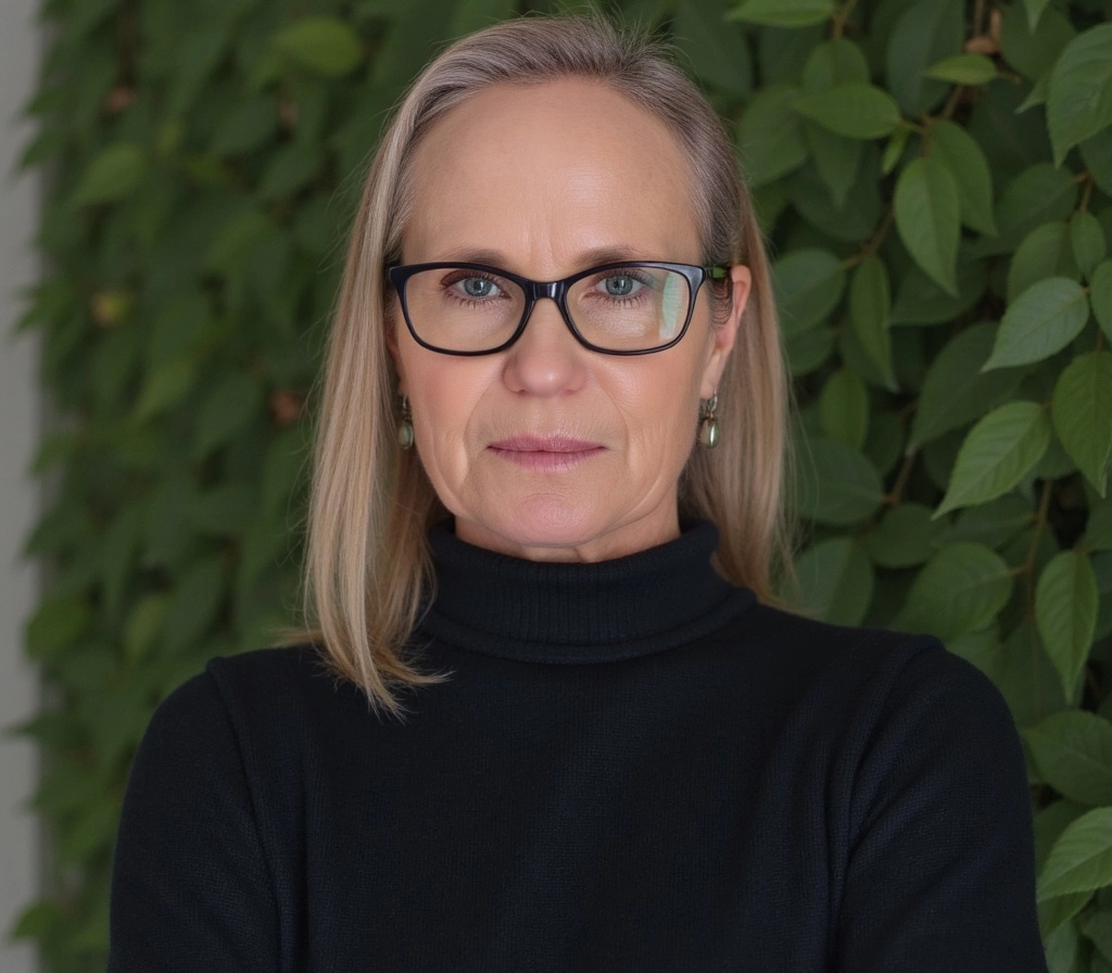 A woman in black shirt and glasses standing next to green wall.